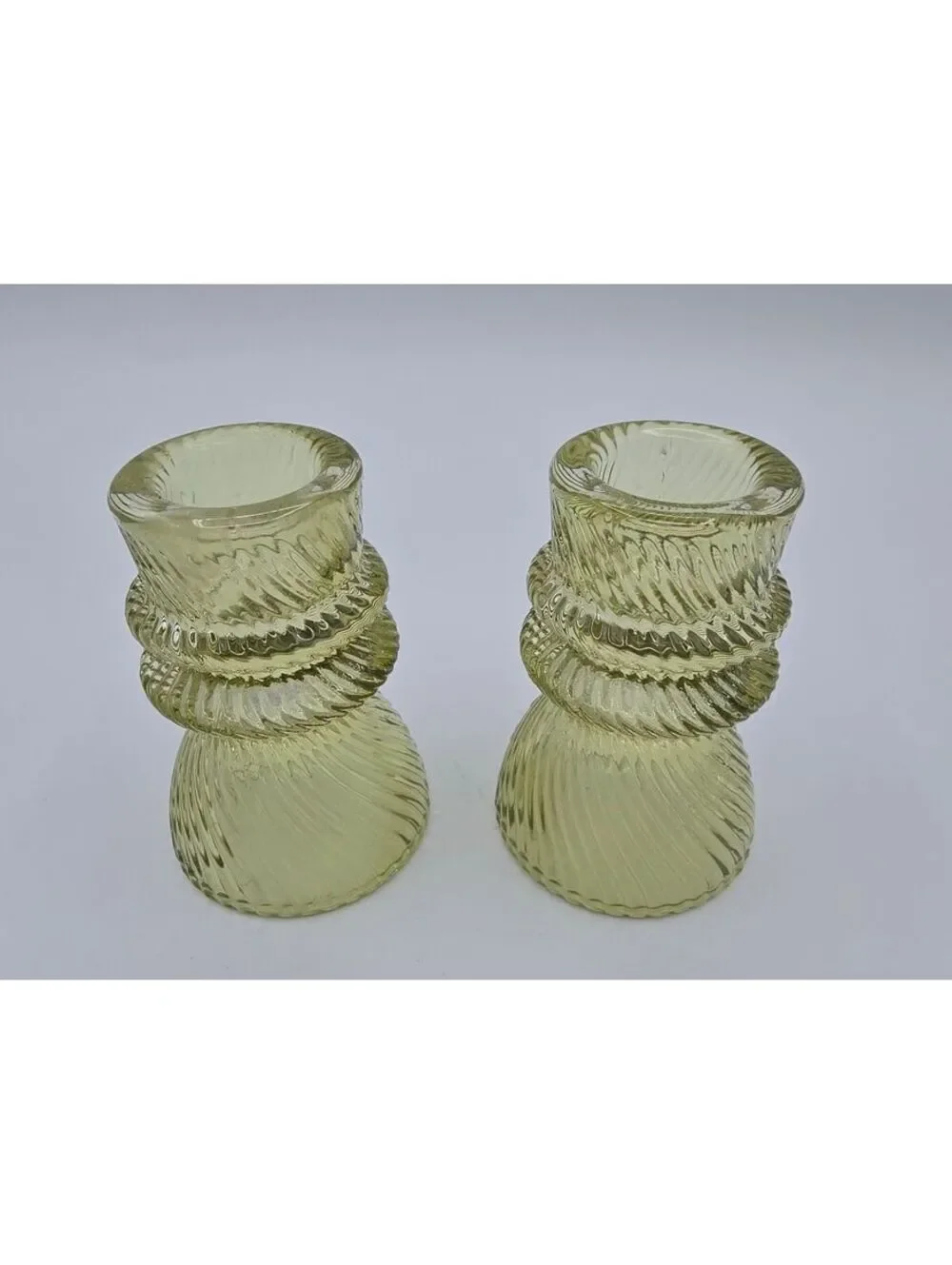 Vintage Green Glass Reversible Candle Holders Pair Spiral Ribbed 3